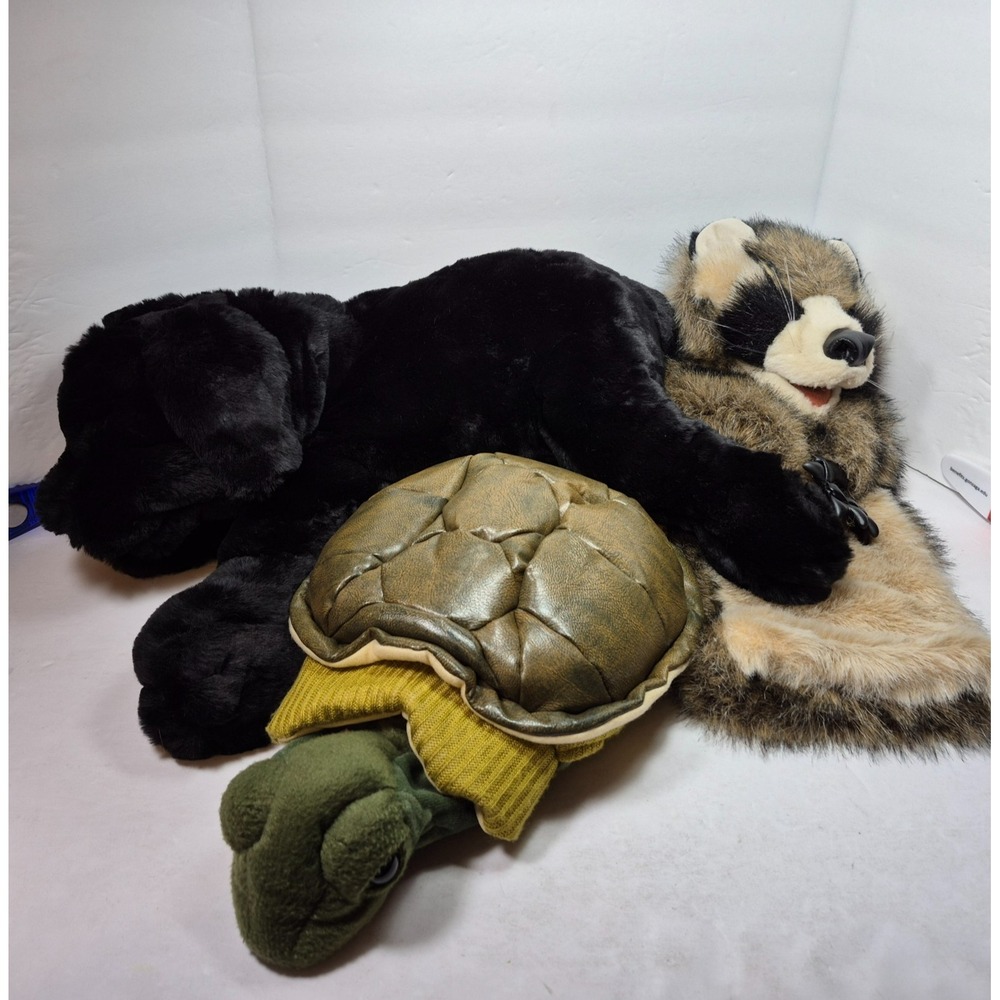 Hand Puppet Lot (3) Children's Plush Black Lab Raccoon Turtle Nursery Bedtime